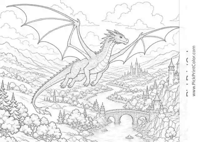 Majestic Dragon Crossing an Enchanted Valley black-and-white coloring page