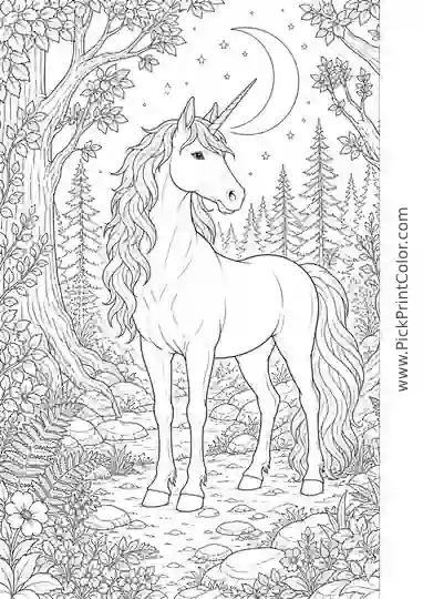 Majestic Unicorn in a Moonlit Forest black-and-white coloring page