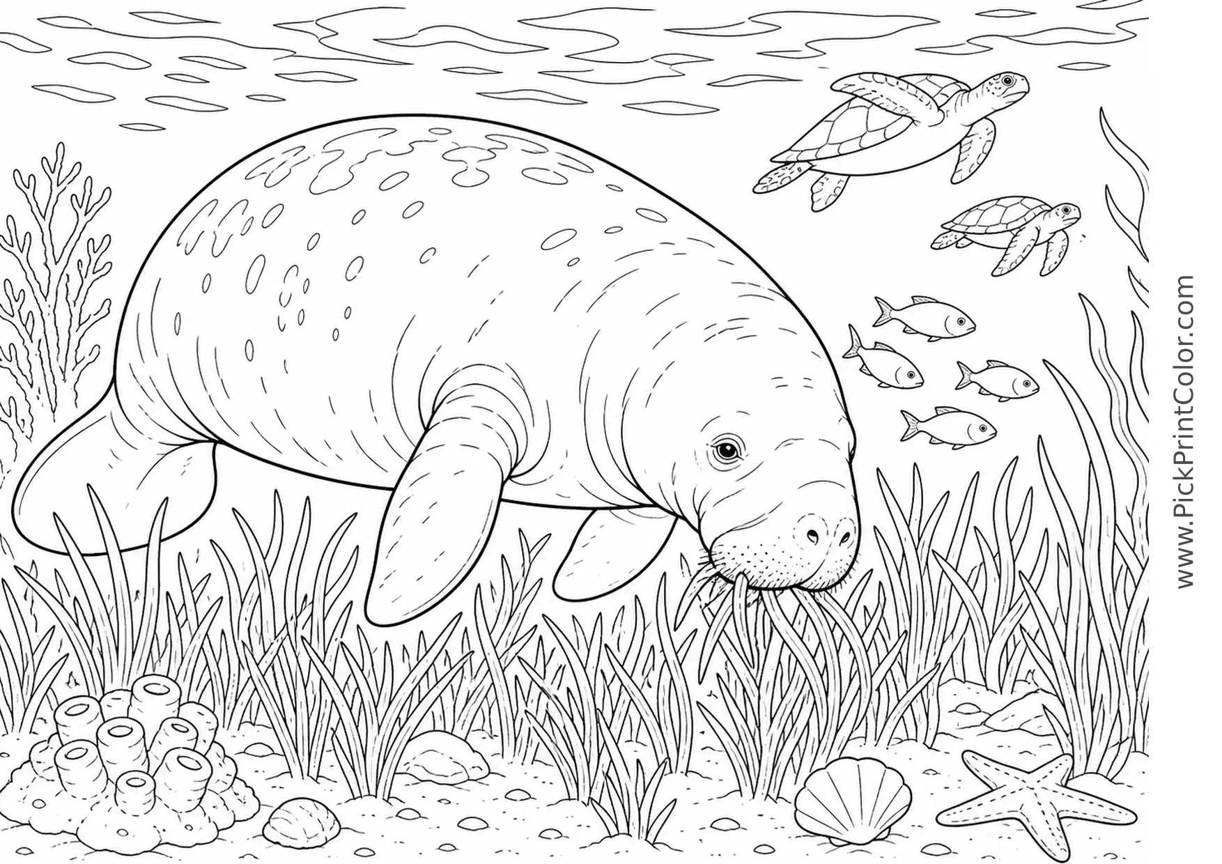 Manatee Grazing in a Seagrass Meadow printable black-and-white coloring page