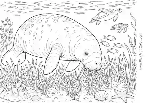 Manatee Grazing in a Seagrass Meadow printable black-and-white coloring page