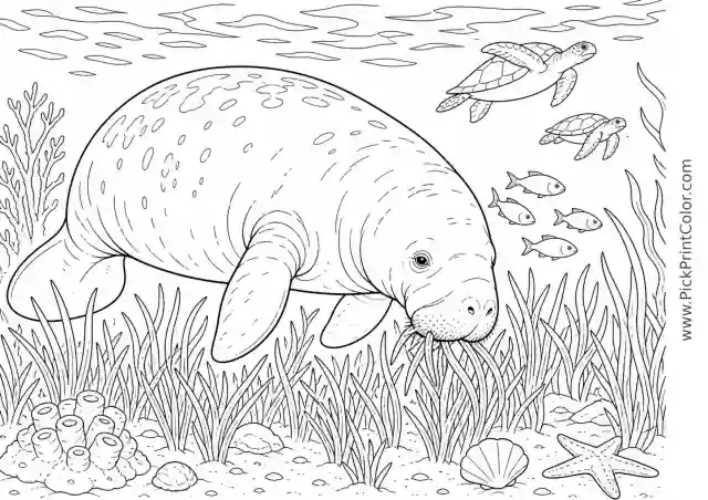 Manatee Grazing in a Seagrass Meadow printable black-and-white coloring page