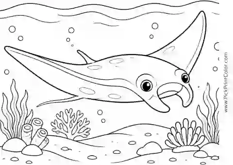 Manta Ray Gliding over a Sandy Seafloor printable black-and-white coloring page