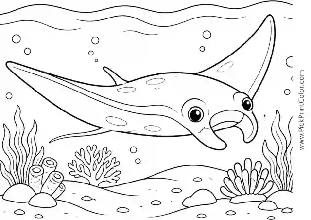 Manta Ray Gliding over a Sandy Seafloor printable black-and-white coloring page