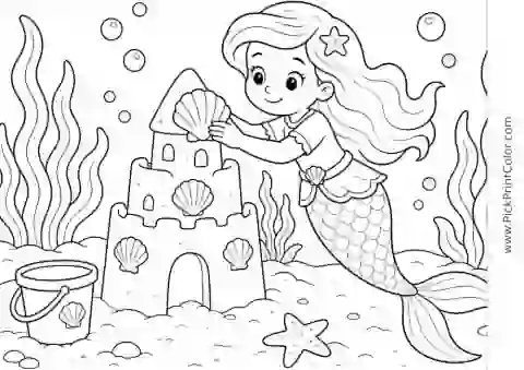 Mermaid Decorating an Underwater Sandcastle black-and-white coloring page