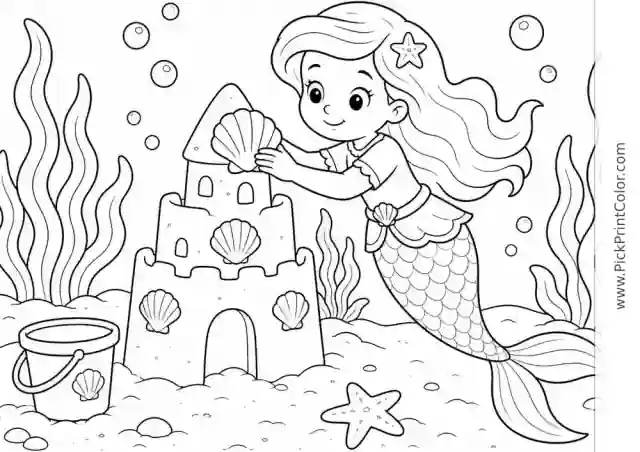 Mermaid Decorating an Underwater Sandcastle black-and-white coloring page