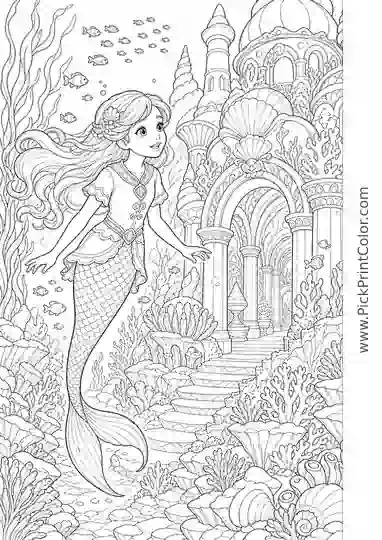 Mermaid Discovering an Underwater Palace black-and-white coloring page