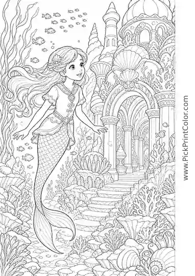 Mermaid Discovering an Underwater Palace black-and-white coloring page