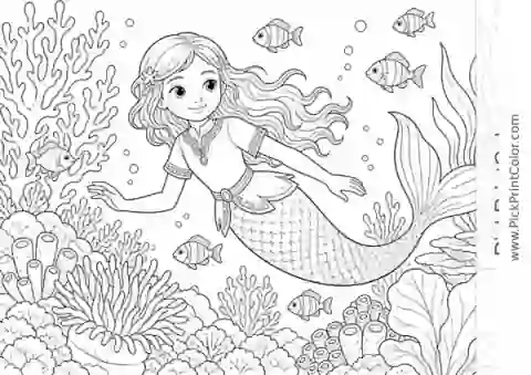 Mermaid Exploring a Coral Garden black-and-white coloring page
