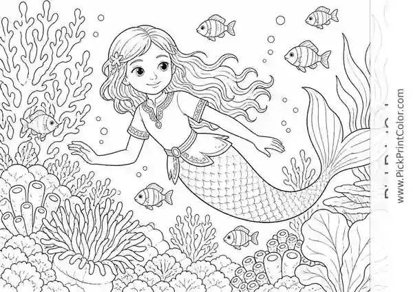 Mermaid Exploring a Coral Garden black-and-white coloring page