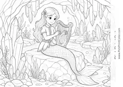 Mermaid Musician in a Crystal Grotto black-and-white coloring page