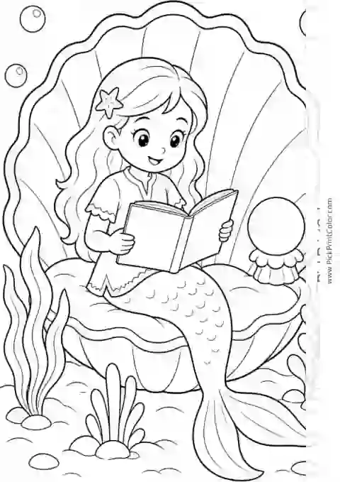 Mermaid Reading in a Seashell Nook black-and-white coloring page