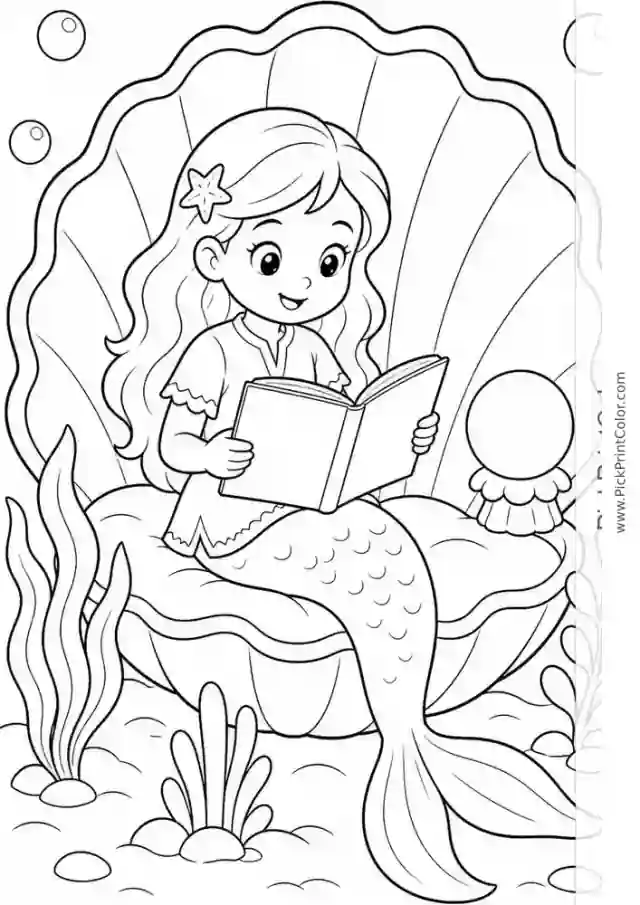 Mermaid Reading in a Seashell Nook black-and-white coloring page