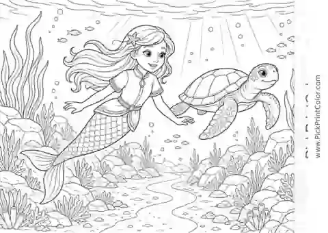 Mermaid Swimming with a Sea Turtle black-and-white coloring page