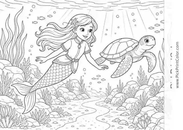 Mermaid Swimming with a Sea Turtle black-and-white coloring page