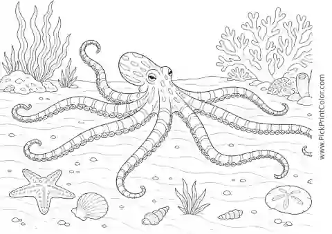 Mimic Octopus Crossing a Sandy Seafloor printable black-and-white coloring page