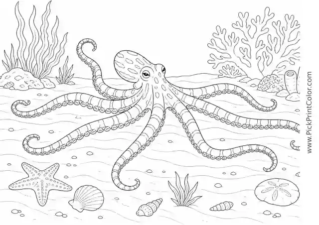 Mimic Octopus Crossing a Sandy Seafloor printable black-and-white coloring page