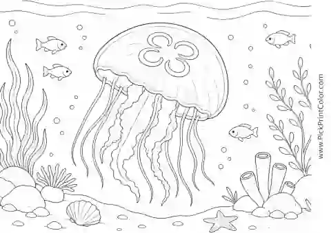 Moon Jellyfish in a Quiet Lagoon printable black-and-white coloring page