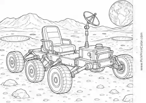 Moon Rover Crossing a Crater Plain black-and-white printable coloring page