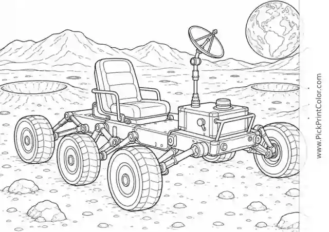 Moon Rover Crossing a Crater Plain black-and-white printable coloring page