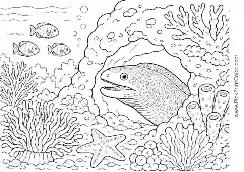 Moray Eel Peeking from a Reef Cave printable black-and-white coloring page