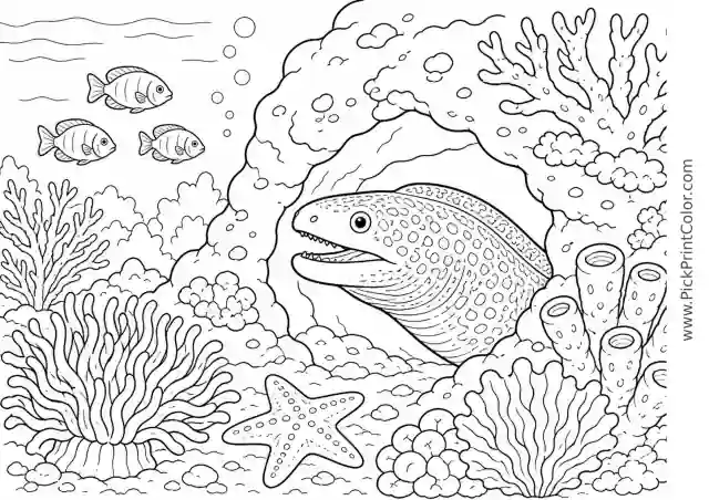 Moray Eel Peeking from a Reef Cave printable black-and-white coloring page