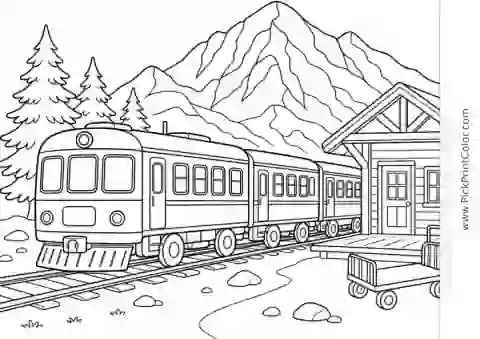 Mountain Train Waiting at a Timber Station black-and-white printable coloring page