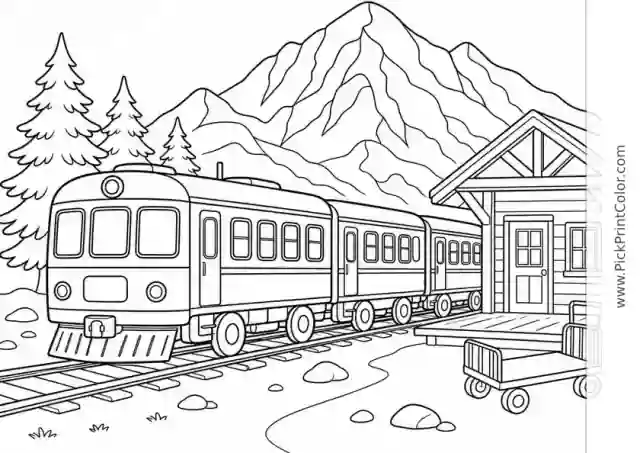 Mountain Train Waiting at a Timber Station black-and-white printable coloring page