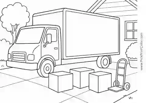 Moving Truck at a Quiet Driveway black-and-white printable coloring page