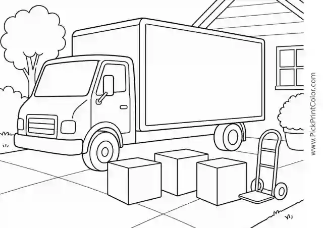 Moving Truck at a Quiet Driveway black-and-white printable coloring page
