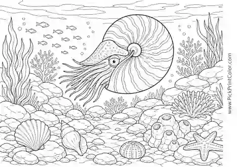 Nautilus above a Rocky Ocean Floor printable black-and-white coloring page