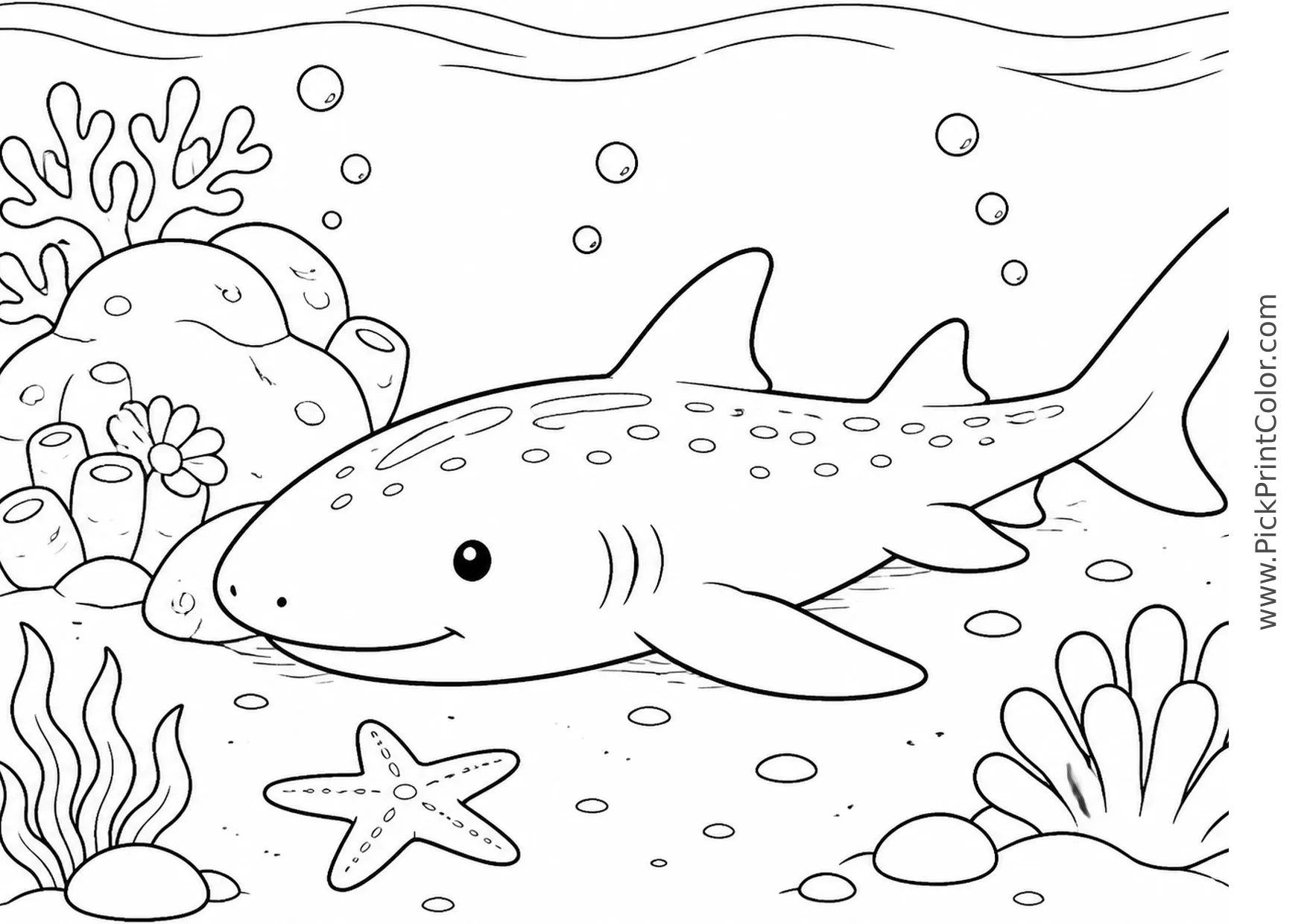 Nurse Shark Resting near Coral Rocks printable black-and-white coloring page