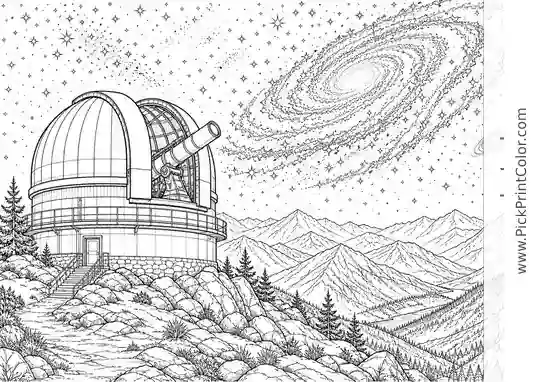 Observatory Viewing a Spiral Galaxy black-and-white printable coloring page