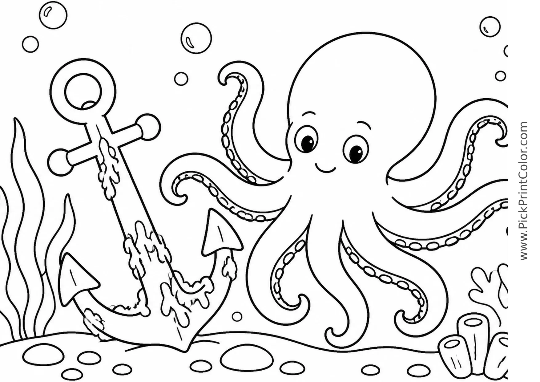 Octopus beside a Sunken Anchor printable black-and-white coloring page