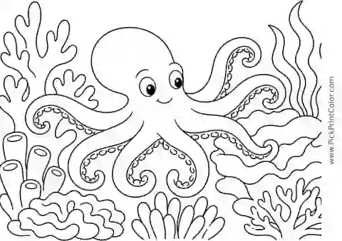 Octopus Crawling through a Coral Garden printable black-and-white coloring page