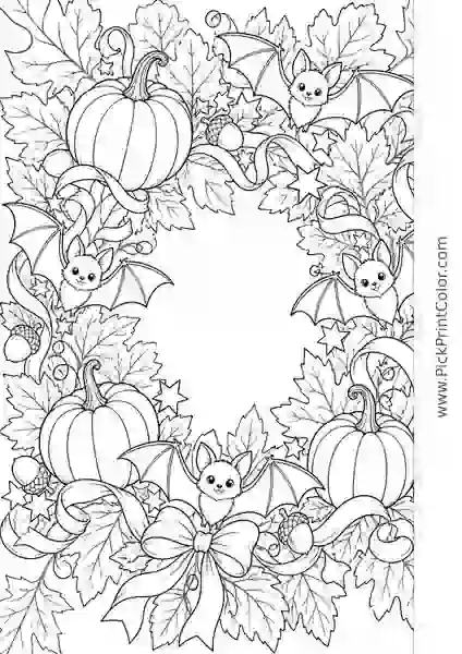 Ornate Halloween Wreath with Pumpkins and Bats black-and-white printable coloring page