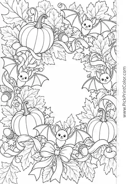 Ornate Halloween Wreath with Pumpkins and Bats black-and-white printable coloring page