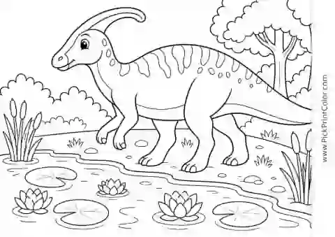 Parasaurolophus Walking by a Lily Pond black-and-white dinosaur coloring page