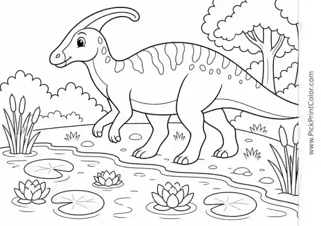 Parasaurolophus Walking by a Lily Pond black-and-white dinosaur coloring page