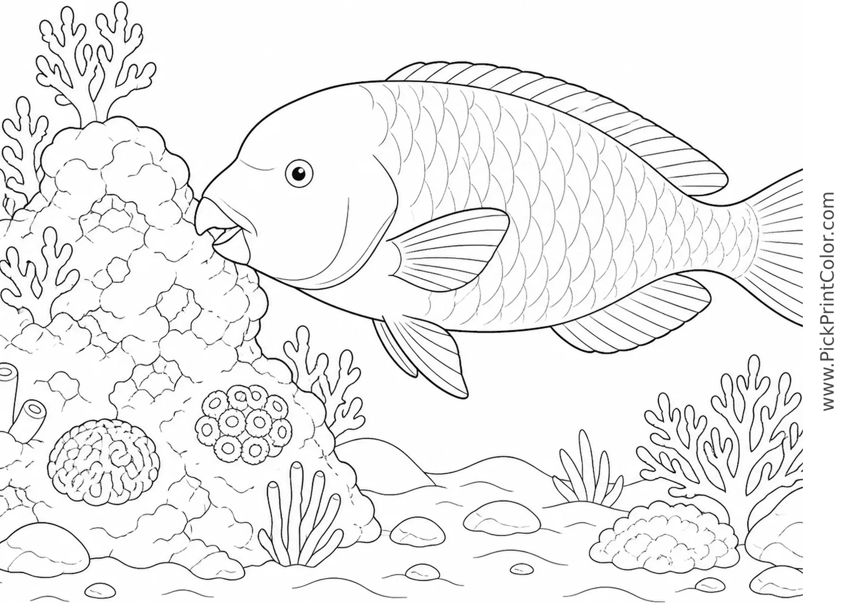 Parrotfish Nibbling a Coral Rock printable black-and-white coloring page