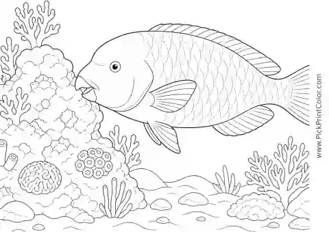 Parrotfish Nibbling a Coral Rock printable black-and-white coloring page