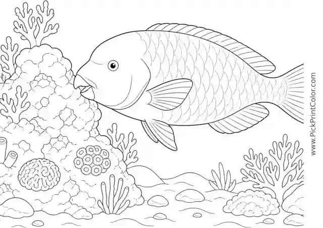 Parrotfish Nibbling a Coral Rock printable black-and-white coloring page