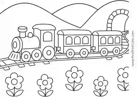 Passenger Train Passing a Flower Meadow black-and-white printable coloring page