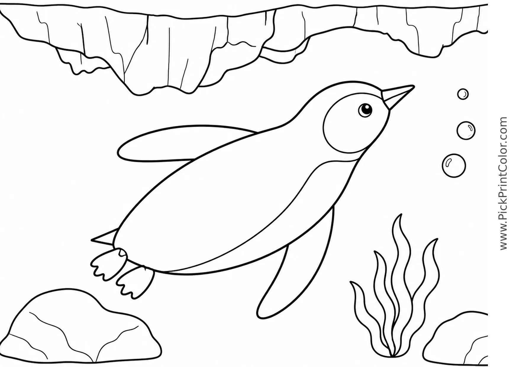 Penguin Swimming beneath an Ice Shelf printable black-and-white coloring page