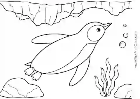 Penguin Swimming beneath an Ice Shelf printable black-and-white coloring page