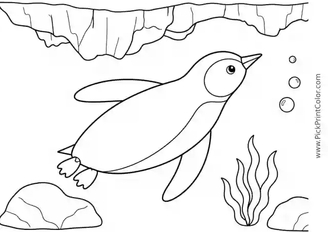 Penguin Swimming beneath an Ice Shelf printable black-and-white coloring page