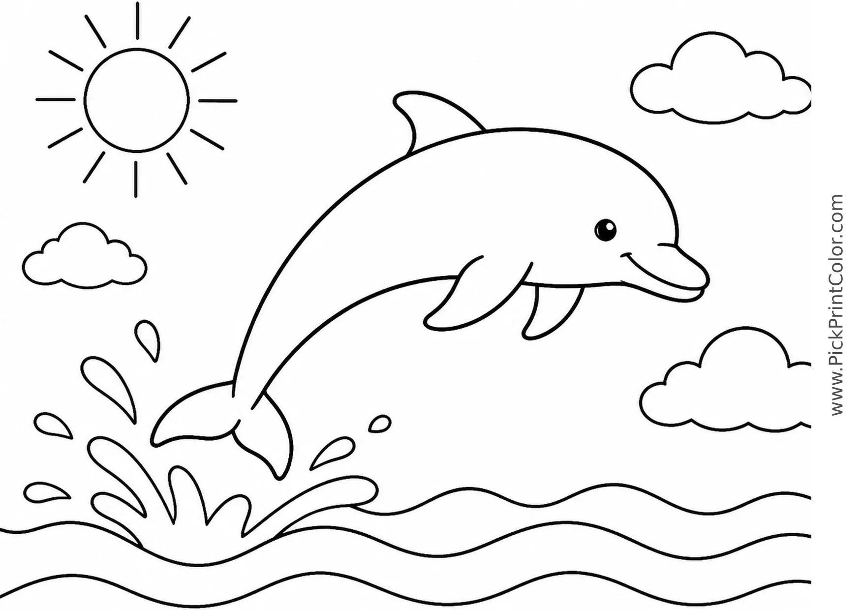 Playful Dolphin Leaping over Gentle Waves printable black-and-white coloring page