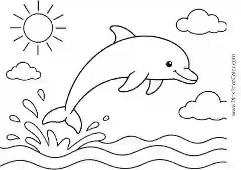 Playful Dolphin Leaping over Gentle Waves printable black-and-white coloring page