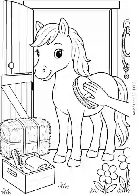 Pony Being Groomed by the Stable printable coloring page