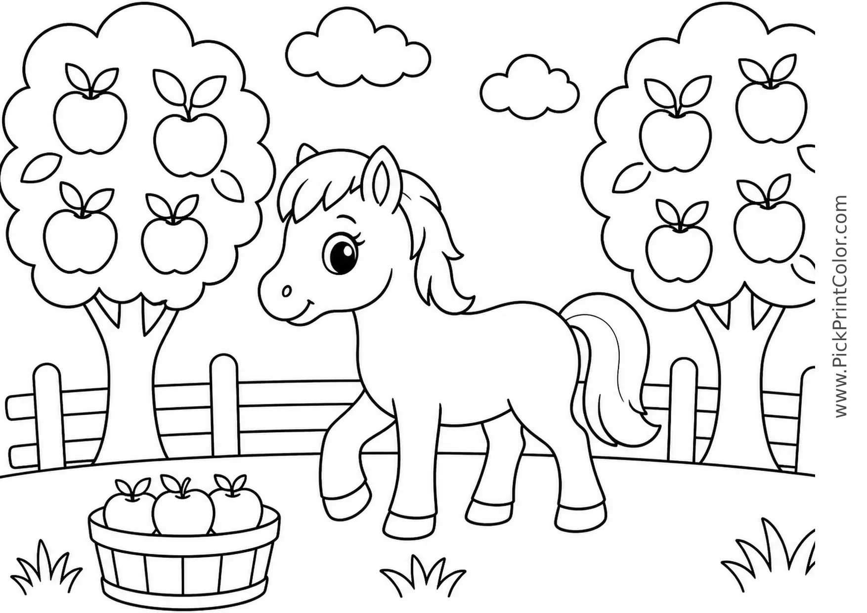 Pony in an Apple Orchard printable coloring page