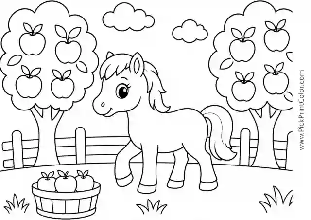 Pony in an Apple Orchard printable coloring page